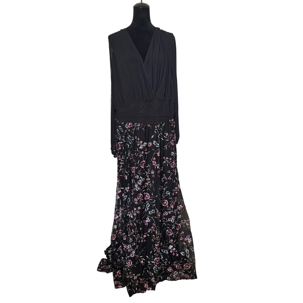 Kiyonna Womens 3X Black Floral Embroidered Mesh Cowl Back Maxi Dress Long Sleeve